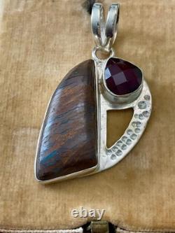 Ancien Pendentif Argent Massif Boulder Opal Et Grenat Unique Créateur
