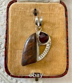 Ancien Pendentif Argent Massif Boulder Opal Et Grenat Unique Créateur
