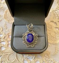 Ancien Pendentif Argent Massif Véritable Énorme Saphir Bleu