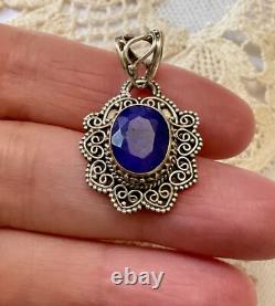 Ancien Pendentif Argent Massif Véritable Énorme Saphir Bleu