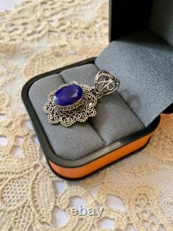 Ancien Pendentif Argent Massif Véritable Énorme Saphir Bleu
