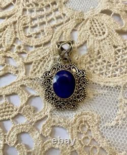 Ancien Pendentif Argent Massif Véritable Énorme Saphir Bleu