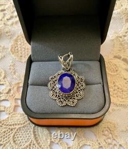 Ancien Pendentif Argent Massif Véritable Énorme Saphir Bleu
