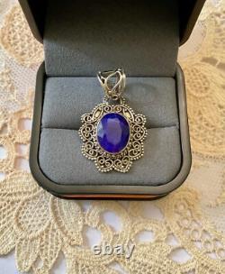 Ancien Pendentif Argent Massif Véritable Énorme Saphir Bleu