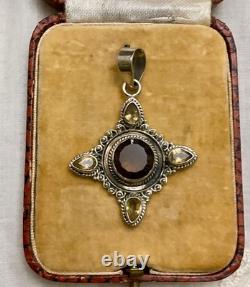 Ancien Pendentif Createur Argent Massif Topaze Fumée Et 4 Citrines Véritables
