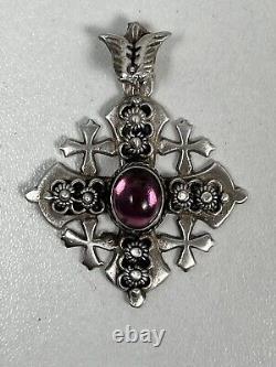 Ancien Pendentif Croix de Jérusalem Argent Massif sertie d'une Améthyste