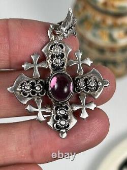 Ancien Pendentif Croix de Jérusalem Argent Massif sertie d'une Améthyste