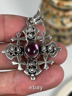 Ancien Pendentif Croix de Jérusalem Argent Massif sertie d'une Améthyste