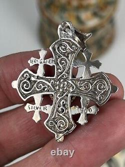 Ancien Pendentif Croix de Jérusalem Argent Massif sertie d'une Améthyste