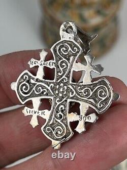 Ancien Pendentif Croix de Jérusalem Argent Massif sertie d'une Améthyste