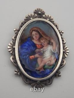 Ancien Pendentif Médaille Argent Massif Émail Peint Vierge l'Enfant Madone #H4