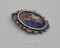 Ancien Pendentif Médaille Argent Massif Émail Peint Vierge l'Enfant Madone #H4