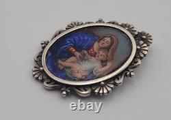 Ancien Pendentif Médaille Argent Massif Émail Peint Vierge l'Enfant Madone #H4