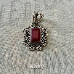 Ancien Pendentif Ouvragé Argent Massif Véritable Imposant Rubis