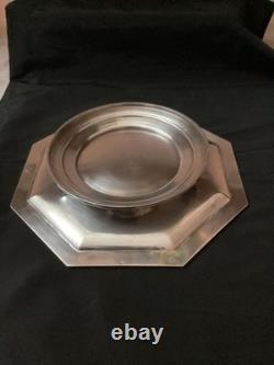 Ancien Plat Octogonal Art Deco Sur Pied Argent Massif 19eme
