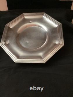 Ancien Plat Octogonal Art Deco Sur Pied Argent Massif 19eme