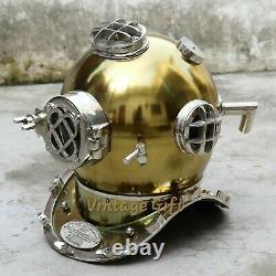 Ancien Plongée Divers Fer Casque Argent Massif & Laiton Fini Maritime Main