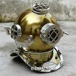 Ancien Plongée Divers Fer Casque Argent Massif & Laiton Fini Maritime Main