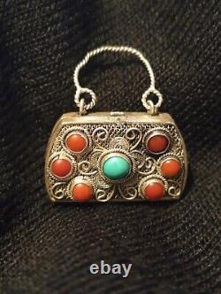 Ancien Porte Coran Prières Berbère Kabyle Argent Massif Turquoises Corail Rouge