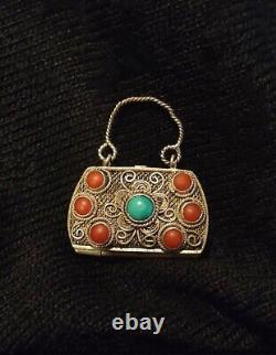 Ancien Porte Coran Prières Berbère Kabyle Argent Massif Turquoises Corail Rouge