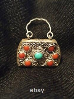 Ancien Porte Coran Prières Berbère Kabyle Argent Massif Turquoises Corail Rouge