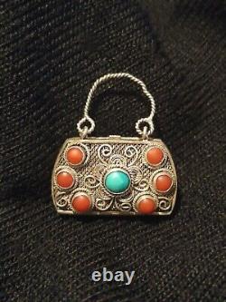 Ancien Porte Coran Prières Berbère Kabyle Argent Massif Turquoises Corail Rouge