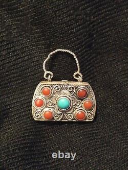 Ancien Porte Coran Prières Berbère Kabyle Argent Massif Turquoises Corail Rouge