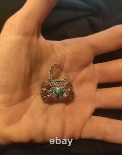 Ancien Porte Coran Prières Berbère Kabyle Argent Massif Turquoises Corail Rouge