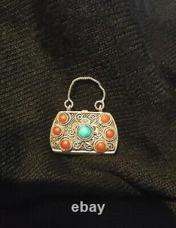 Ancien Porte Coran Prières Berbère Kabyle Argent Massif Turquoises Corail Rouge