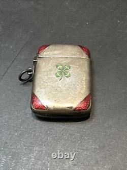 Ancien Pyrogene Box Boite A Alumette Argent Massif Art Nouveau emailler trefles