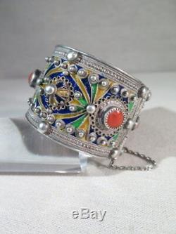 Ancien Superbe Bracelet Berbere En Argent Massif Cabochon Corail Email