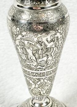Ancien Vase À Bords Volants Oriental À Décors Animés Et Florals Argent Massif