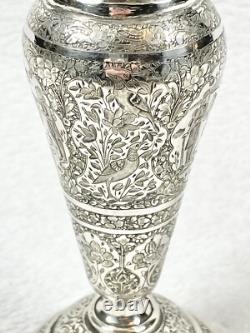 Ancien Vase À Bords Volants Oriental À Décors Animés Et Florals Argent Massif