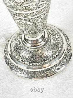 Ancien Vase À Bords Volants Oriental À Décors Animés Et Florals Argent Massif