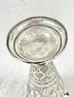 Ancien Vase À Bords Volants Oriental À Décors Animés Et Florals Argent Massif