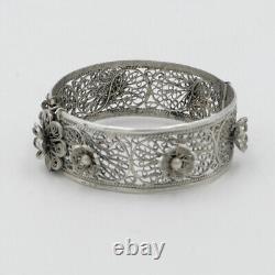 Ancien bracelet manchette, fleurs, filigrane argent massif, Tunisie, XXe Siècle