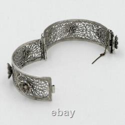 Ancien bracelet manchette, fleurs, filigrane argent massif, Tunisie, XXe Siècle