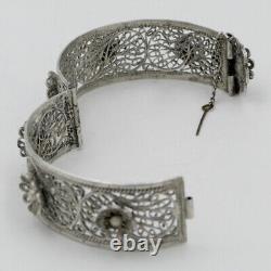 Ancien bracelet manchette, fleurs, filigrane argent massif, Tunisie, XXe Siècle