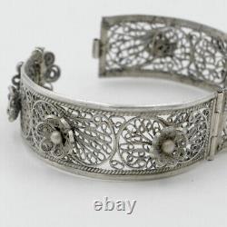 Ancien bracelet manchette, fleurs, filigrane argent massif, Tunisie, XXe Siècle