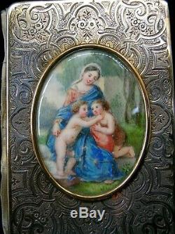 Ancien carnet de bal en argent ciselé massif tableau miniature peinte porte mine