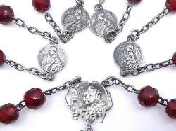 Ancien chapelet en argent massif et perles couleur rouge grenats Art Nouveau