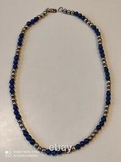 Ancien collier boules en argent massif et lapis-lazuli