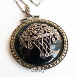 Ancien collier chaine + pendentif argent massif + marcassite silver necklace