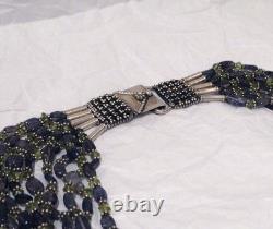 Ancien collier multi rang en argent massif, en pierres d'améthyste et péridot