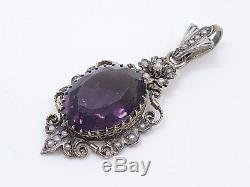 Ancien pendentif argent massif demi-perles pierre violette améthyste XIXeme