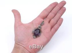 Ancien pendentif argent massif demi-perles pierre violette améthyste XIXeme
