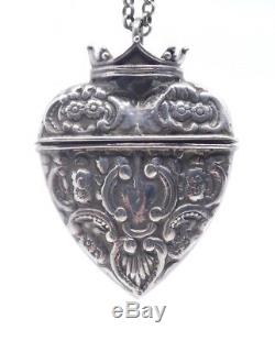 Ancien pendentif boite reliquaire coeur couronné en argent massif XIXeme (2)