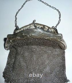 Ancien sac de bal à main en maille d'argent massif aumoniere XIX° dragon silver
