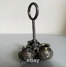 Ancien salerons argent massif Chine silver chinese export salt condiment set