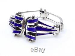 Ancien vintage bracelet en argent massif et email bleu Années 60/70